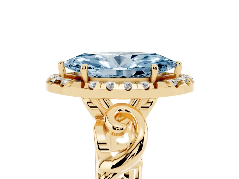 Fancy Blue Marquise Cut Diamond Halo Ring Set in Yellow gold with Scrollwork Band and Prong Setting