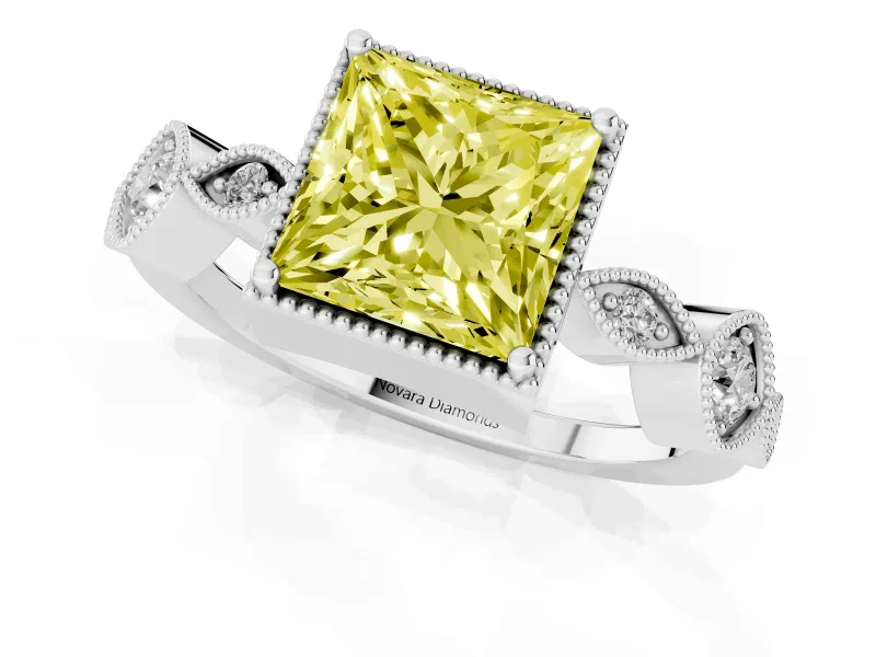 Fancy Yellow Princess Cut Diamond Vintage-Inspired Milgrain Ring Set in White gold with Marquise Stations of Round Accents