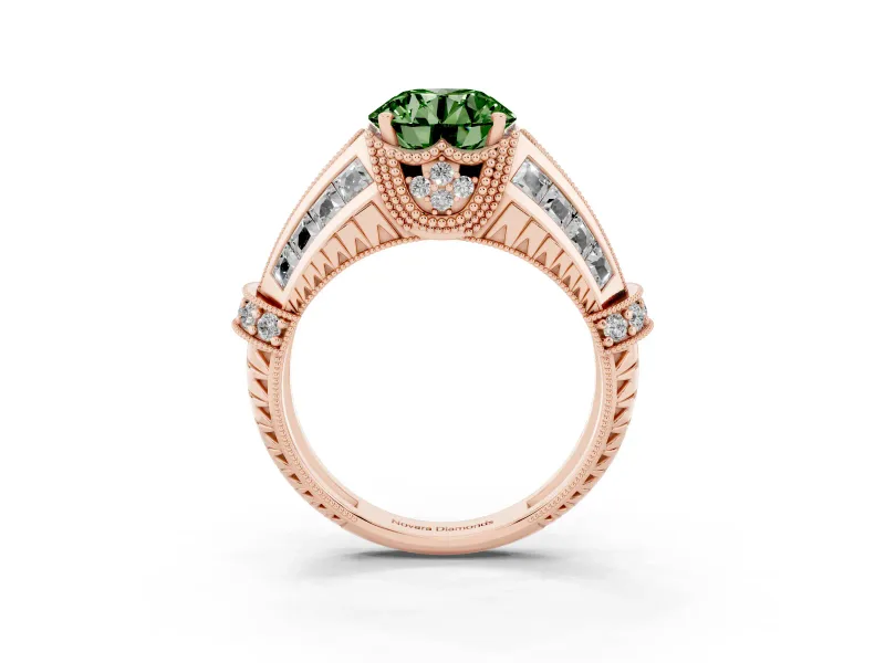 Fancy Green Round Cut Diamond Vintage-Inspired Milgrain Ring Set in Rose gold with Accent Split Shank