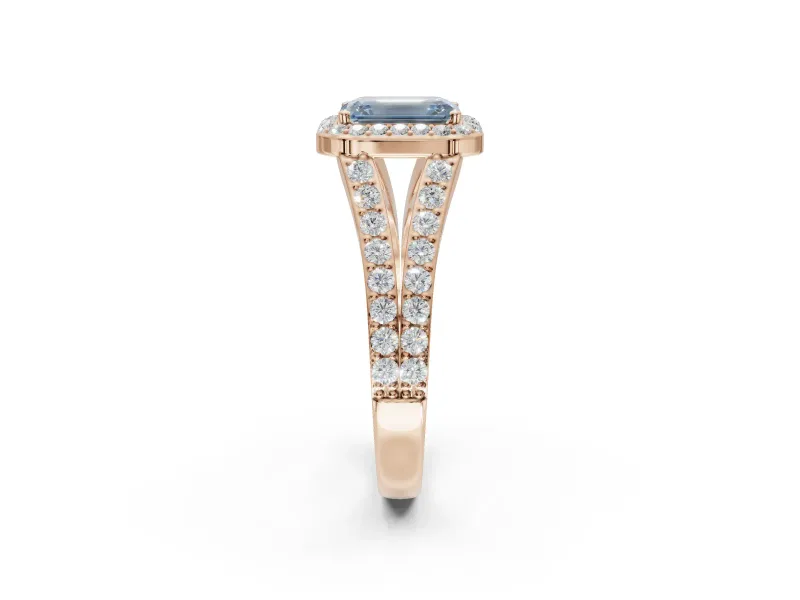Emerald Cut Halo Pavé Engagement Ring Setting for a Fancy Blue Lab-Grown Diamond | Narrow Split Shank | Rose Gold