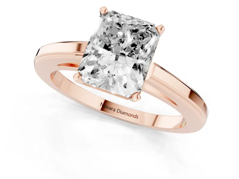 Radiant Cut Diamond Solitaire Ring Set in Rose gold with Prong Setting and Classic Band