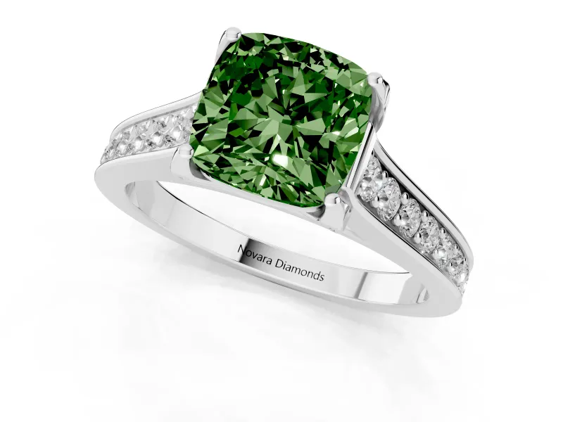 Fancy Green Cushion Cut Diamond Solitaire Pavé Engagement Ring Set in Platinum with Prong Setting