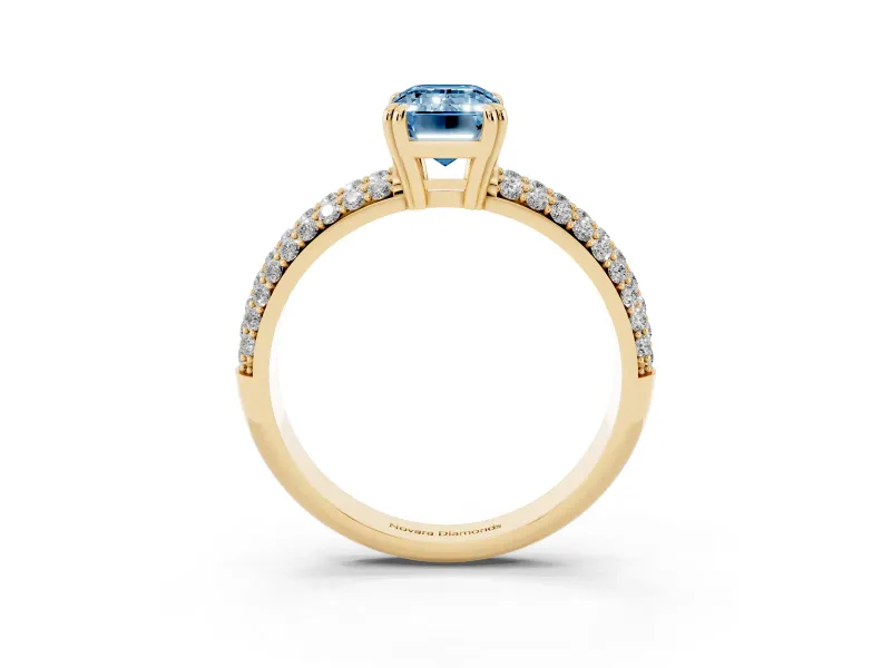 Emerald Cut Three Row Pave Engagement Ring Setting for a Fancy Blue Lab-Grown Diamond | Yellow Gold