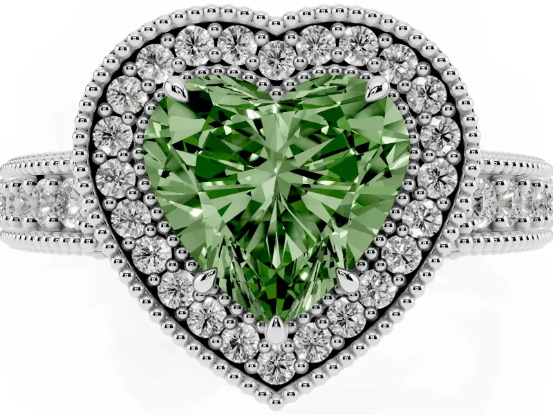 Fancy Green Heart Cut Diamond Halo Ring Set in Silver with Round Accent Halo, Pavé Band and Prong Setting