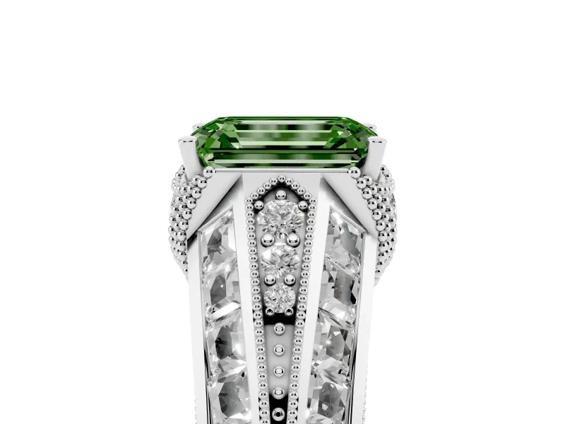 Fancy Green Emerald Cut Diamond Vintage-Inspired Milgrain Ring Set in Silver with Accent Split Shank