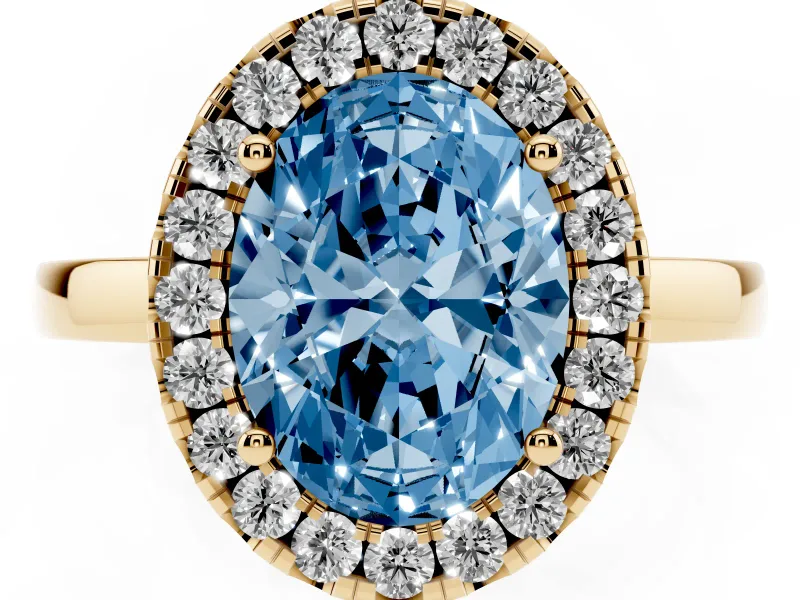 Fancy Blue Oval Cut Diamond Halo Solitaire Ring Set in Yellow gold with Pavé Band and Prong Setting