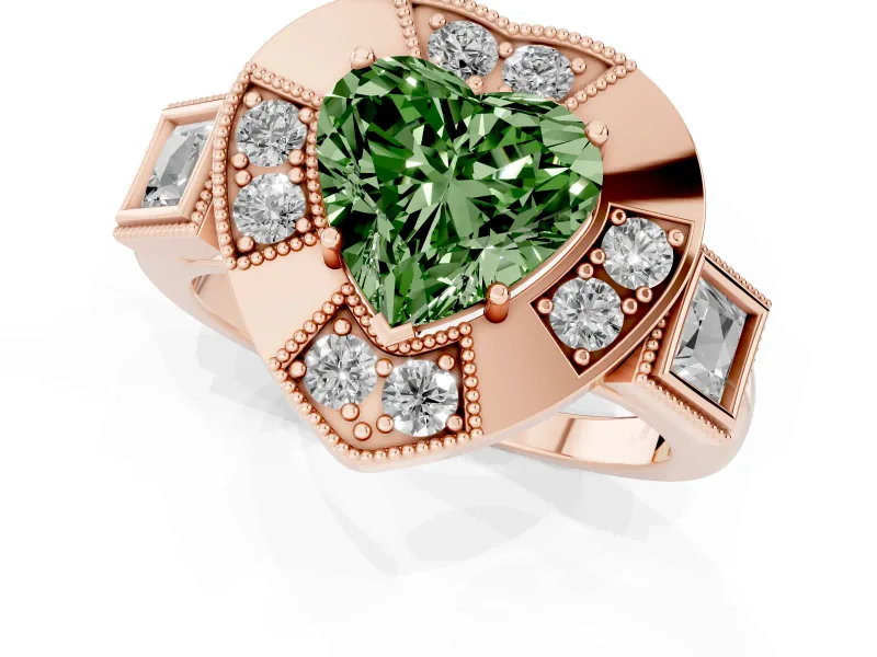 Fancy Green Heart Cut Diamond Milgrain Halo Ring Set in Rose gold with Split Shank