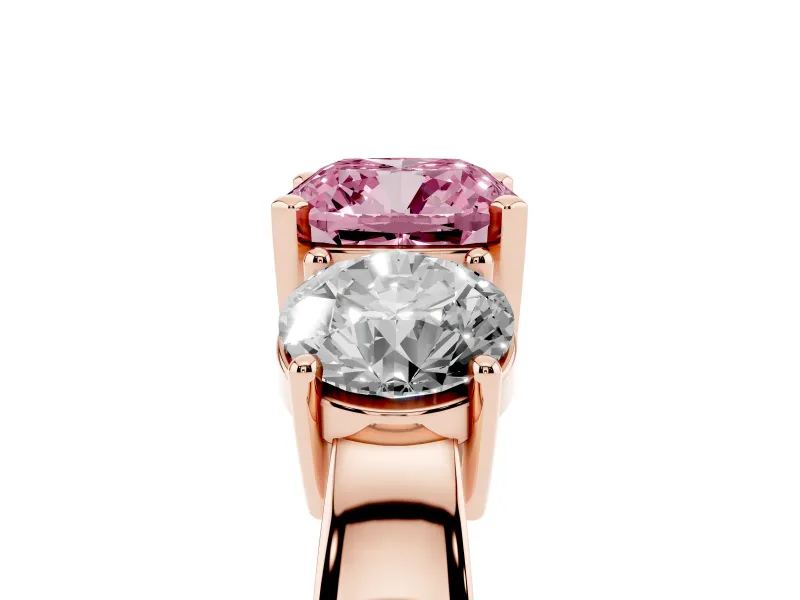Cushion Cut Three Stone Engagement Ring Setting for a Fancy Pink Lab-Grown Diamond | Wide Plain Band | Rose Gold
