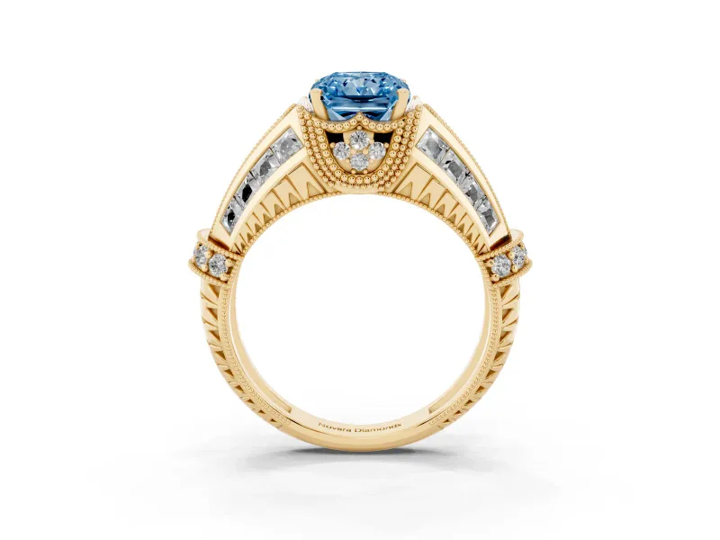 Radiant Cut Vintage Milgrain Engagement Ring Setting for a Fancy Blue Lab-Grown Diamond | Hidden Halo | Yellow Gold