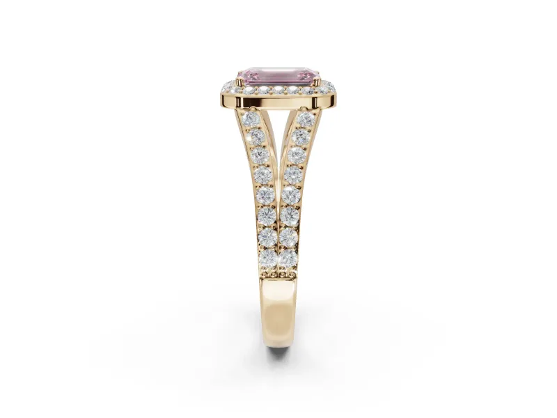 Emerald Cut Halo Pavé Engagement Ring Setting for a Fancy Pink Lab-Grown Diamond | Narrow Split Shank | Yellow Gold