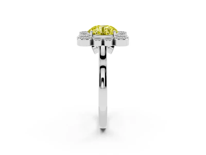 Round Milgrain Cluster Halo Engagement Ring Setting for a Fancy Yellow Lab-Grown Diamond | Plain Band | White Gold