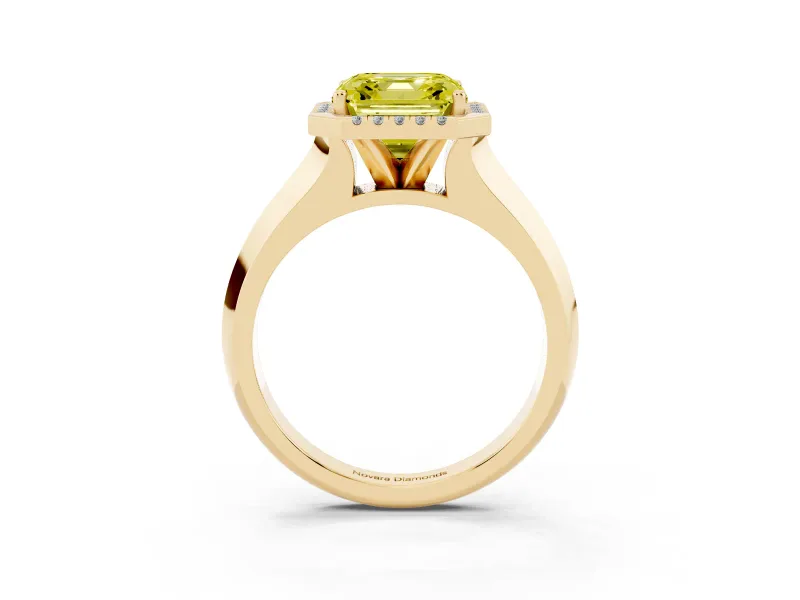 Fancy Yellow Asscher Cut Diamond Halo Ring Set in Yellow gold with Cathedral Band and Prong Setting