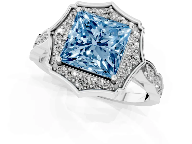 Princess Cut Scalloped Halo Engagement Ring Setting for a Fancy Blue Lab-Grown Diamond | Pave Band | Sterling Silver