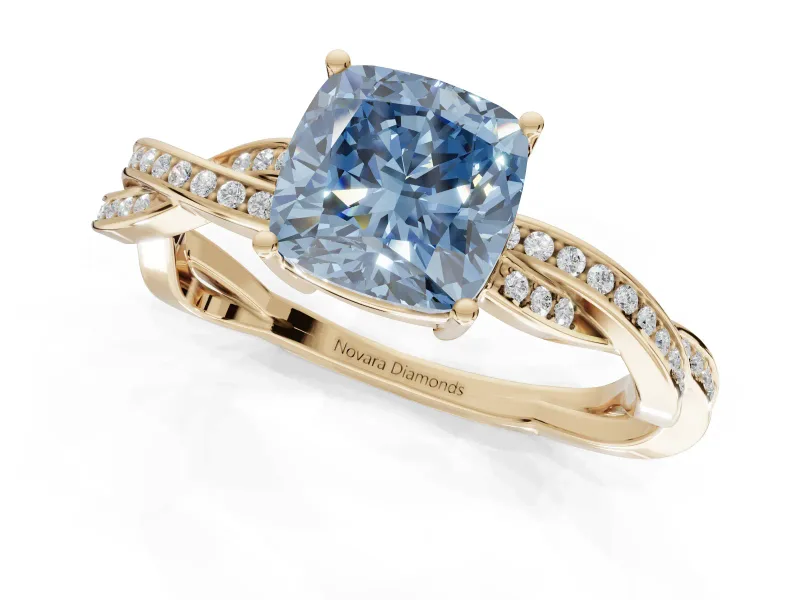 Cushion Cut Twisted Pavé Solitaire Engagement Ring Setting for a Fancy Blue Lab-Grown Diamond | Yellow Gold