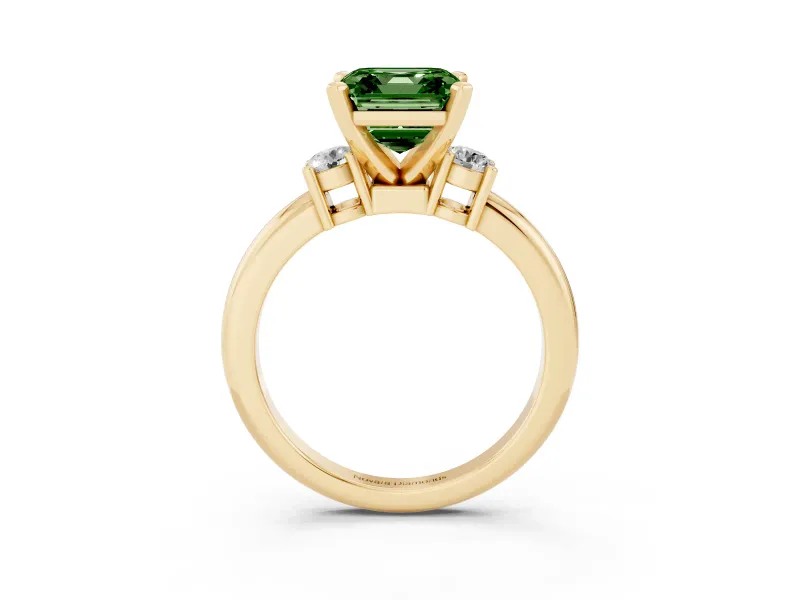 Asscher Cut Three Stone Engagement Ring Setting for a Fancy Green Lab-Grown Diamond | Round Side Stones | Yellow Gold