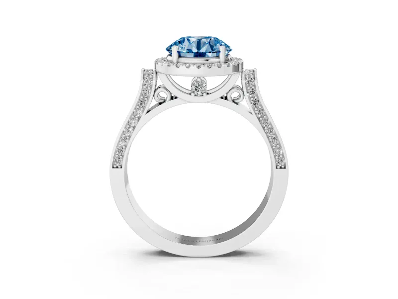 Round Pavé Halo Engagement Ring Setting for a Fancy Blue Lab-Grown Diamond | White Gold