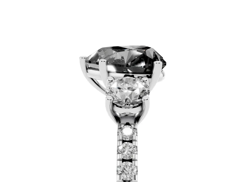 Fancy Black Heart Cut Diamond Three-Stone Ring Set in White gold with Pavé Band and Graduated Sides
