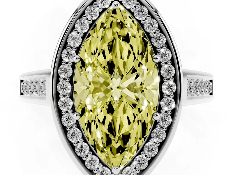 Fancy Yellow Marquise Cut Diamond Halo Solitaire Ring Set in White gold with Pavé Band and Bezel Setting