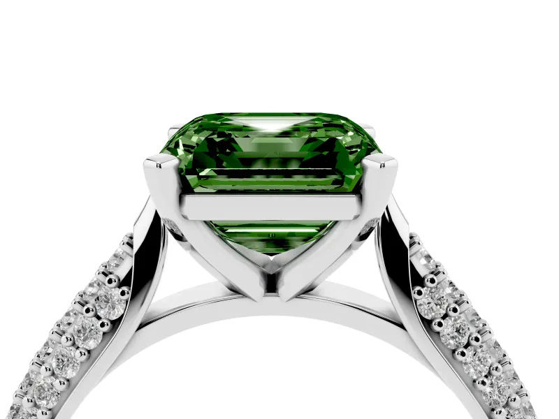 Fancy Green Asscher Cut Diamond Solitaire Engagement Ring Set in White gold with Multi-Row Round Pavé Band and Prong Setting