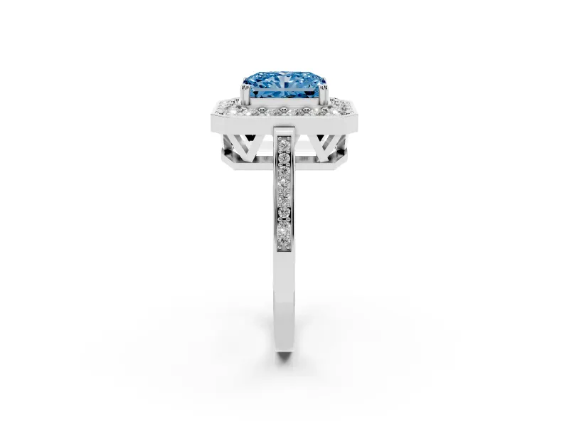 Radiant Cut Halo Engagement Ring Setting for a Fancy Blue Lab-Grown Diamond | Polished Halo Rim | White Gold