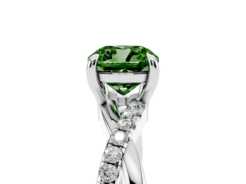 Fancy Green Cushion Cut Diamond Twist Band Solitaire Set in Platinum with Pavé Accents and Prong Setting