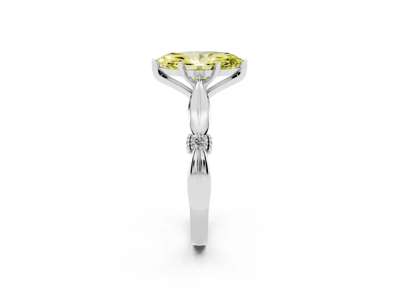 Fancy Yellow Marquise Cut Diamond Solitaire Twisted Band Ring Set in Platinum with Accent Stones and Prong Setting