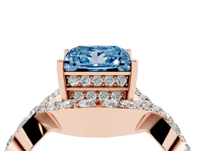Fancy Blue Princess Cut Diamond Solitaire Twist Band Pavé Engagement Ring Set in Rose gold