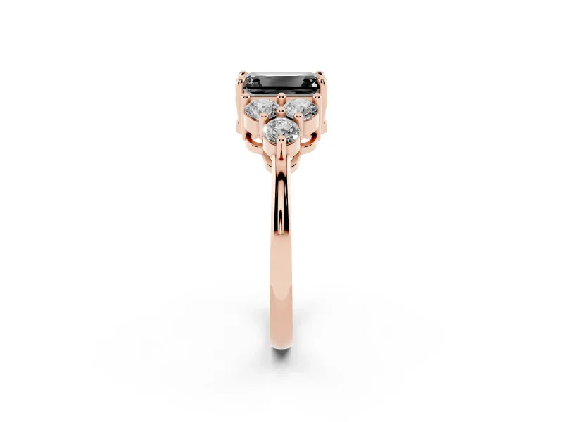 Fancy Black Emerald Cut Diamond Solitaire Ring Set in Rose gold with Cluster Accents on Each Side