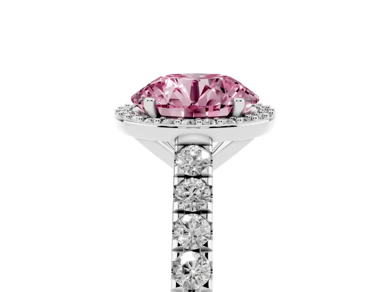 Fancy Pink Round Cut Diamond Halo Engagement Ring Set in Silver with Pavé Band and Prong Setting