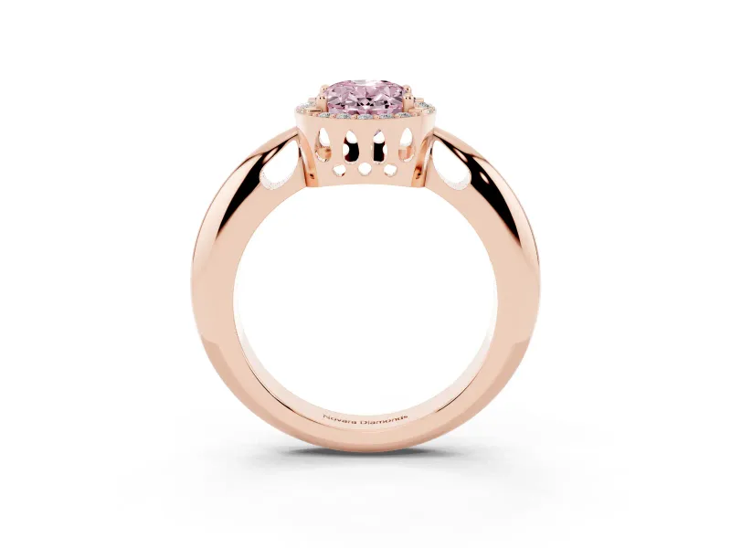 Fancy Pink Oval Cut Diamond Halo Engagement Ring Set in Rose gold with Plain Split Shank and Prong Setting