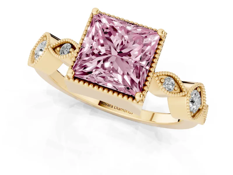 Fancy Pink Princess Cut Diamond Vintage-Inspired Milgrain Ring Set in Yellow gold with Marquise Stations of Round Accents