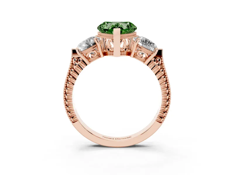 Fancy Green Heart Cut Diamond Three-Stone Ring Set in Rose gold with Milgrain Band