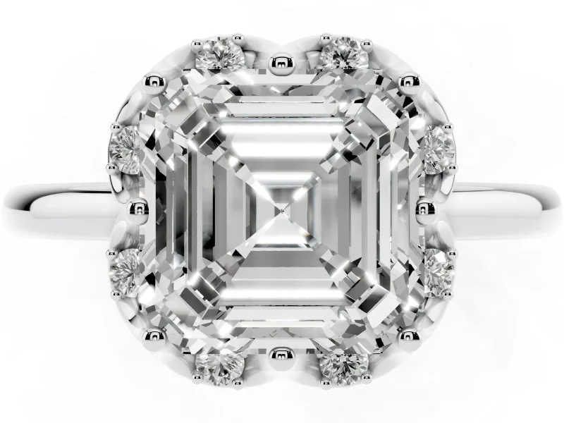 Asscher Cut Scalloped Petal Halo Engagement Ring Setting | Plain Band | Platinum