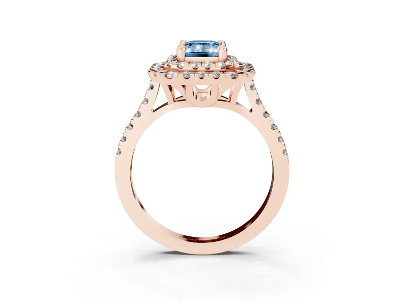 Fancy Blue Emerald Cut Diamond Double Halo Statement Ring Set in Rose gold with Pavé Band