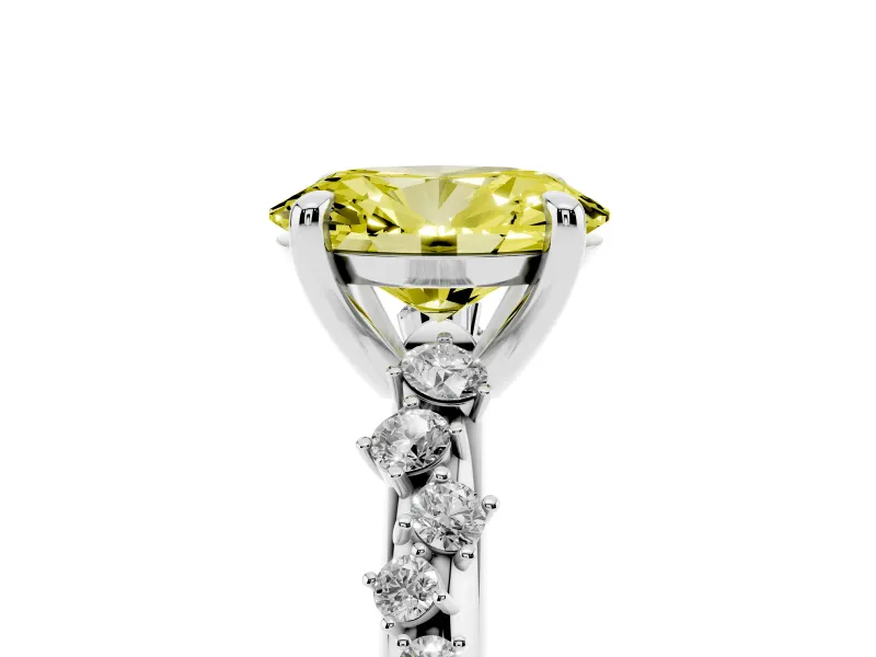 Fancy Yellow Oval Cut Diamond Solitaire Vine Band Ring Set in White gold with Round Accents and Prong Setting