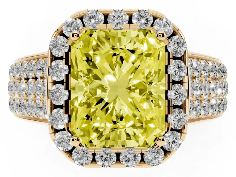 Radiant Cut Pavé Engagement Ring Setting for a Fancy Yellow Lab-Grown Diamond | Wide Three-Row Band | Yellow Gold