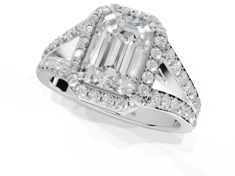 Emerald Cut Halo Pavé Engagement Ring Setting | Narrow Split Shank | White Gold