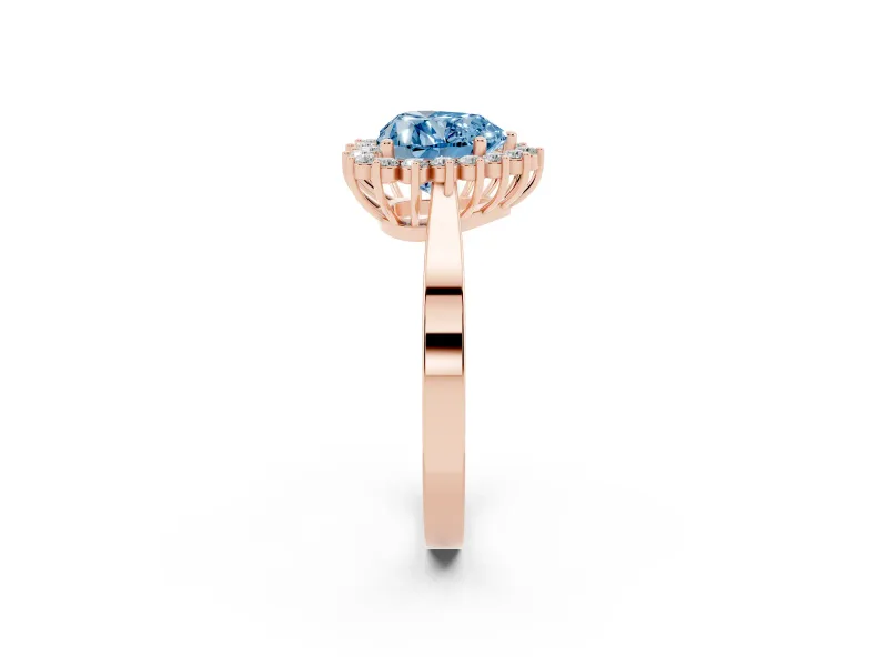 Fancy Blue Heart Cut Diamond Halo Ring Set in Rose gold with Round Halo and Smooth Solitaire Band