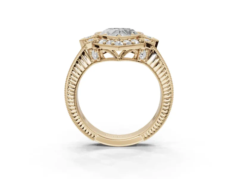 Heart-Shaped Vintage Halo Engagement Ring Setting | Art Deco Side Panels | Yellow Gold