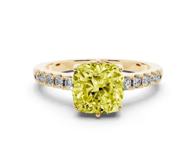 Fancy Yellow Cushion Cut Diamond Solitaire Engagement Ring Set in Yellow gold with Pavé Band and Prong Setting