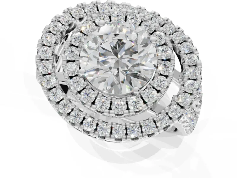 Round Double Halo Split Shank Engagement Ring Setting | Multi-Row Pavé | Sterling Silver