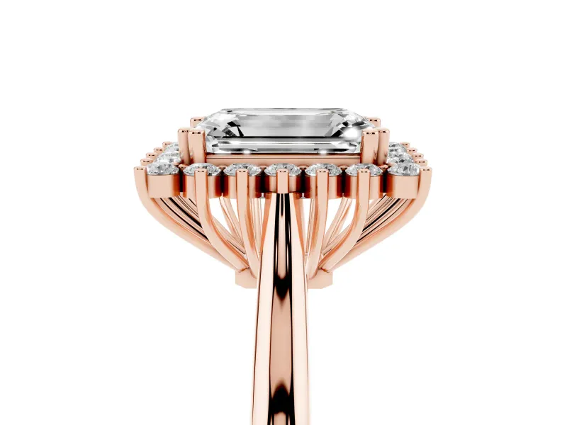 Emerald Cut Diamond Halo Ring Set in Rose gold with Plain Solitaire Band and Prong Setting