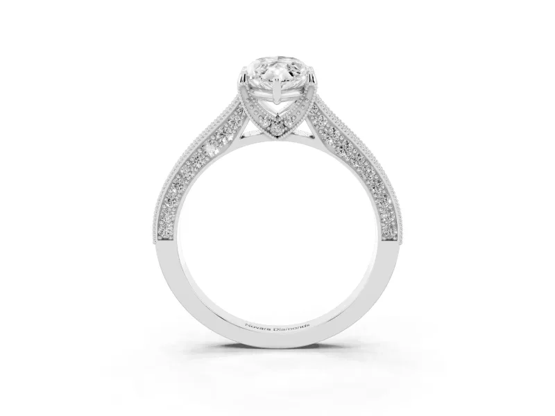 Marquise Vintage Hidden Halo Engagement Ring Setting | Milgrain Pave Band | White Gold