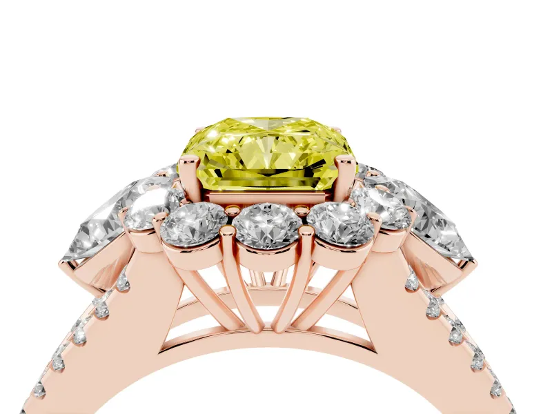 Fancy Yellow Radiant Cut Diamond Halo Split Shank Engagement Ring Set in Rose gold with Prong-Held Center Stone