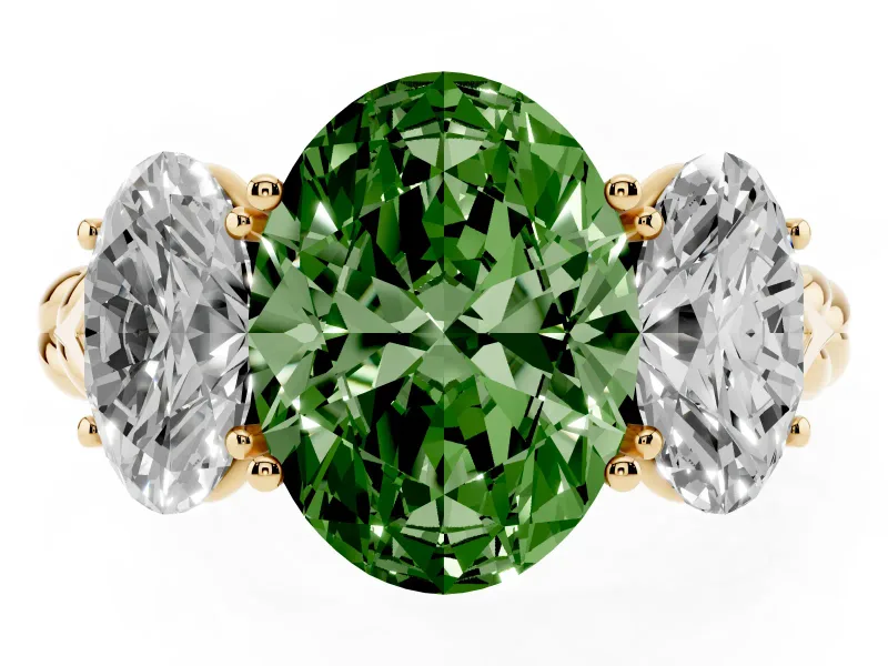 Oval Three Stone Engagement Ring Setting for a Fancy Green Lab-Grown Diamond | Braided Band | Yellow Gold