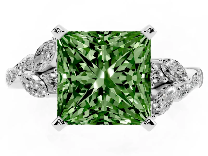 Fancy Green Princess Cut Diamond Solitaire Ring Set in Silver with Marquise Twist Band and Prong Setting