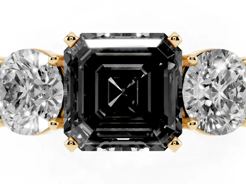 Asscher Cut Three Stone Engagement Ring Setting for a Black Center | Round Side Stones | Yellow Gold