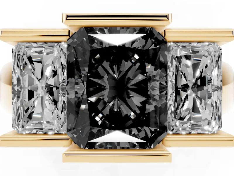 Radiant Cut Channel-Set Three Stone Engagement Ring Setting for a Black Center | Yellow Gold