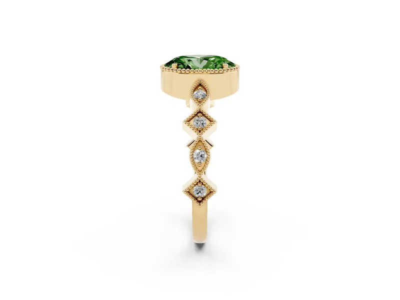 Oval Milgrain Bezel Engagement Ring Setting for a Fancy Green Lab-Grown Diamond | Yellow Gold