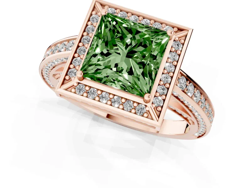 Fancy Green Princess Cut Diamond Halo Pavé Split Shank Ring Set in Rose gold with Prong Setting